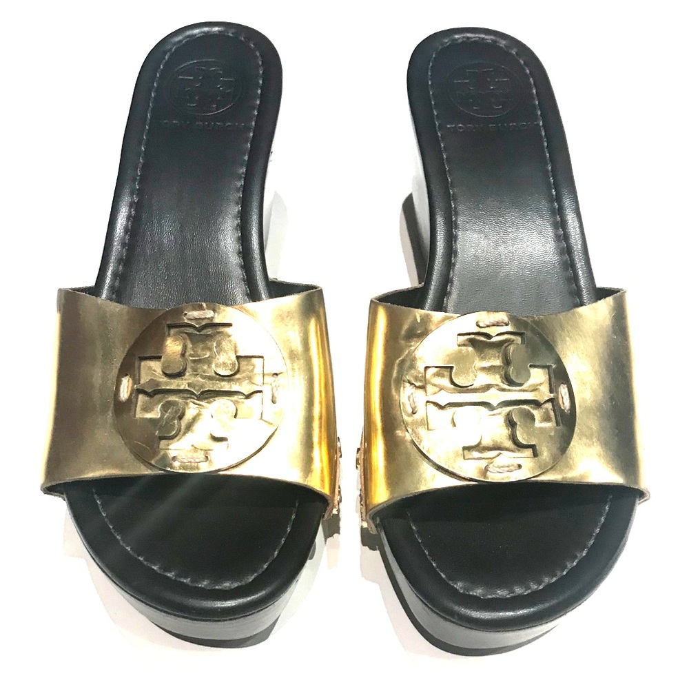 Tory Burch gold metallic wedge slide